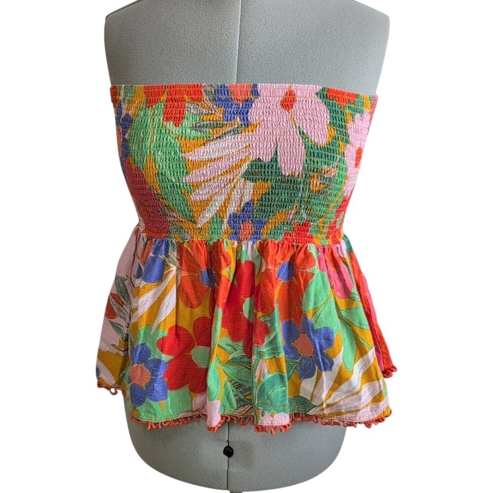 GB Tropical Floral Print Smocked Tube Top Flared Peplum Waist XXL Bright Boho
